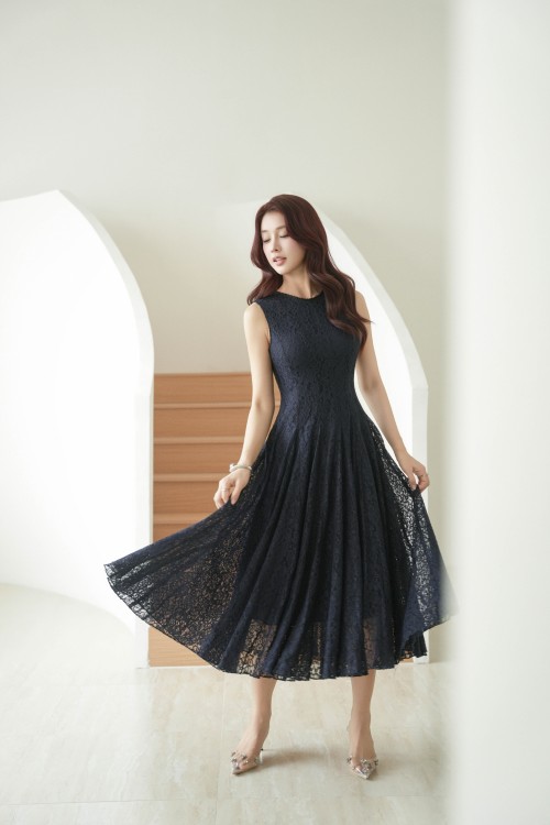 Sixdo Navy Lace Flared Dress